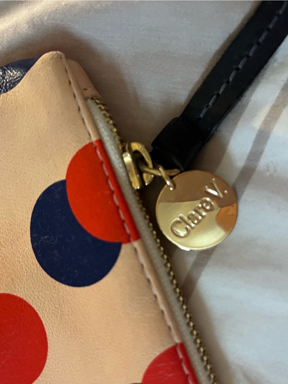 Clare V Beige Leather Pouch with Red and Navy Dot Print - Picture 4 of 5